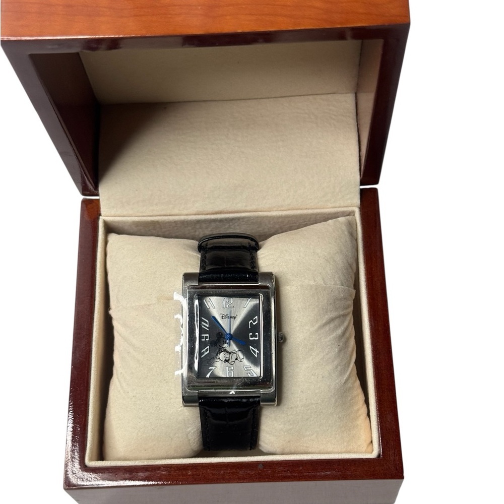 Leather Stainless Steel Black and Silver Disney Women's Watch